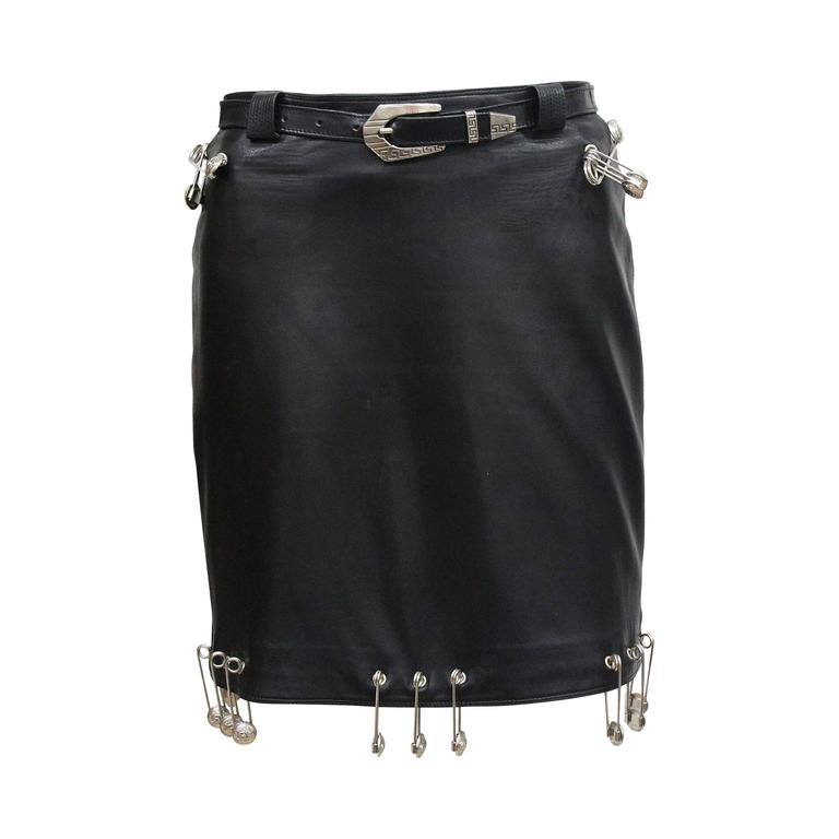 Important Gianni Versace safety pin leather mini skirt, Fall 1994 at