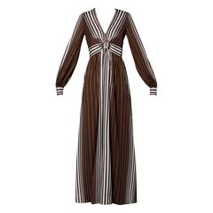 1970s Estevez Vintage Brown + White Striped Maxi Dress with a Plunging Neckline