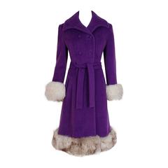 Vintage 1960's Lilli-Ann Purple Wool & Fox Fur Double-Breasted Belted Princess Coat 
