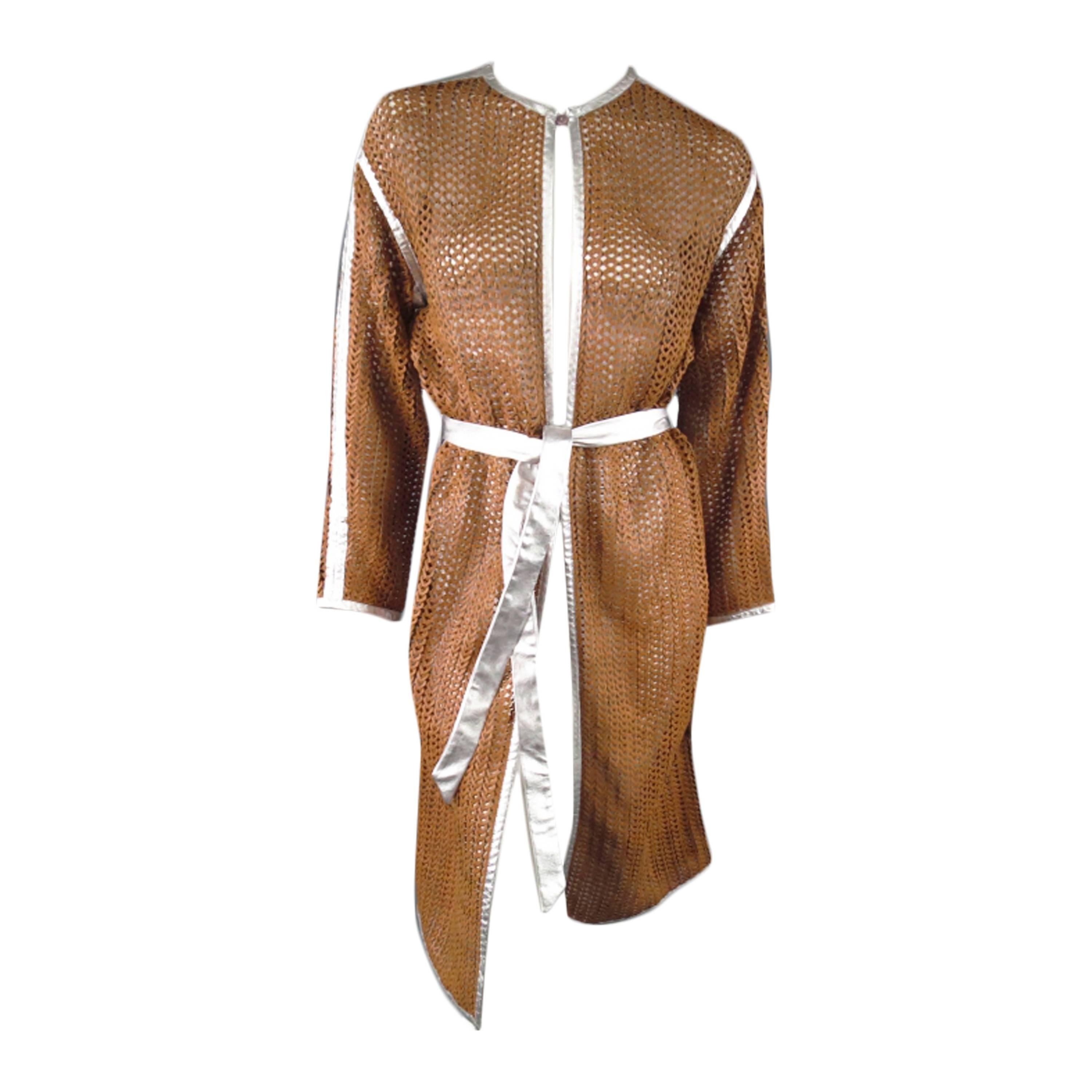 MISSONI Size M Tan Leather Woven Mesh Silver Piping Coat