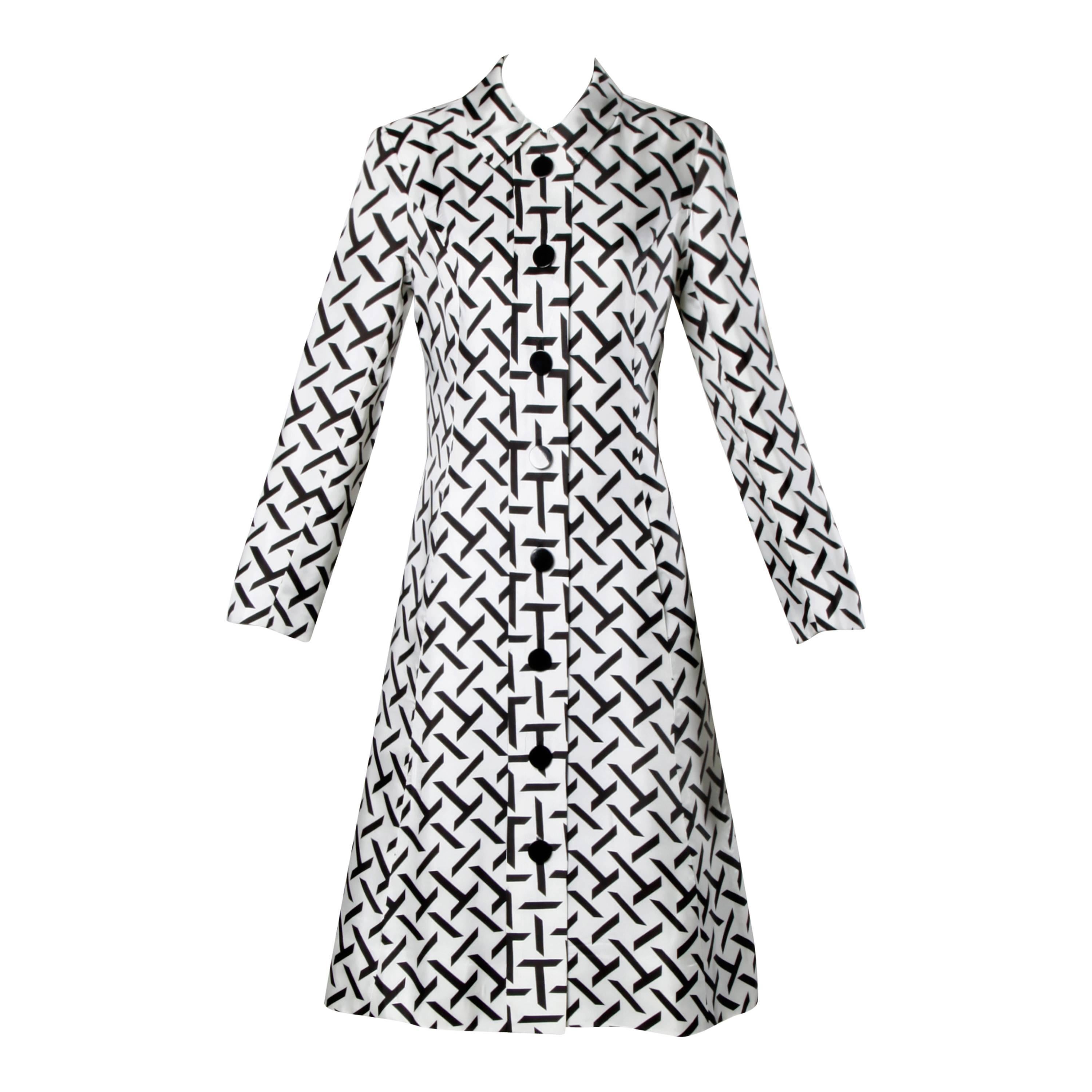 I. Magnin Vintage 1960s Graphic Black + White Print Silk Mod Coat For ...