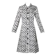 I. Magnin Retro 1960s Graphic Black + White Print Silk Mod Coat