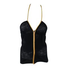 YVES SAINT LAURENT Size S Black Burnout Knit Gold Chain Halter Dress Top