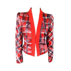ESCADA Size 10 Red White & Navy Painted Tweed Jacket