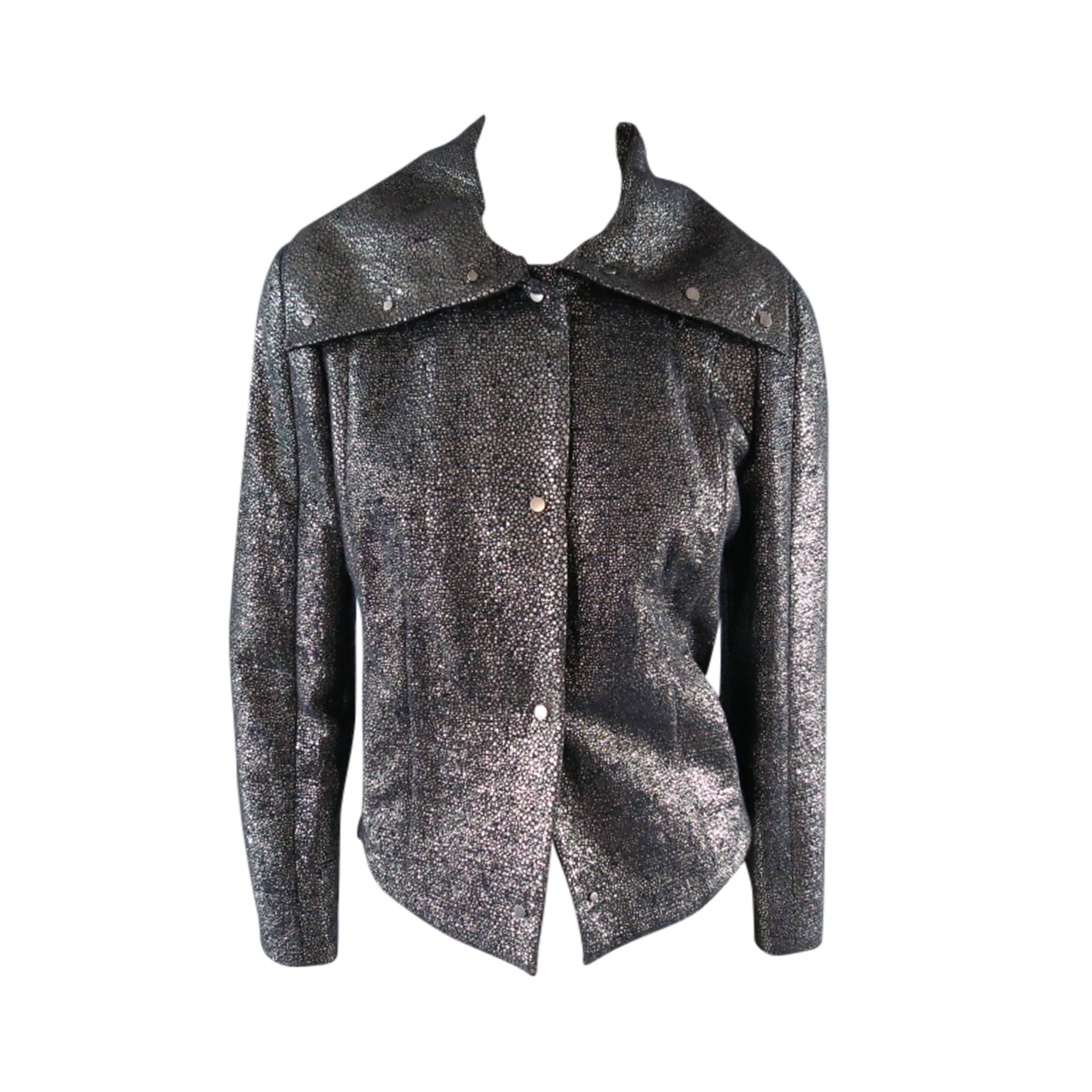 ESCADA SPORT Size 10 Metallic Silver Removable Collar Snap Jacket