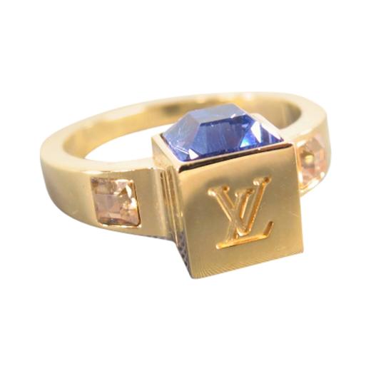 Louis Vuitton Gold Tone Crystal Heart LV and V Ring L at 1stDibs