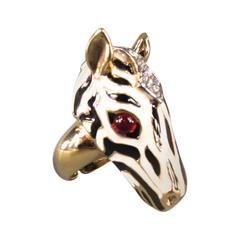 ROBERTO CAVALLI White Enamel Red Crystal Eye Zebra Head Ring