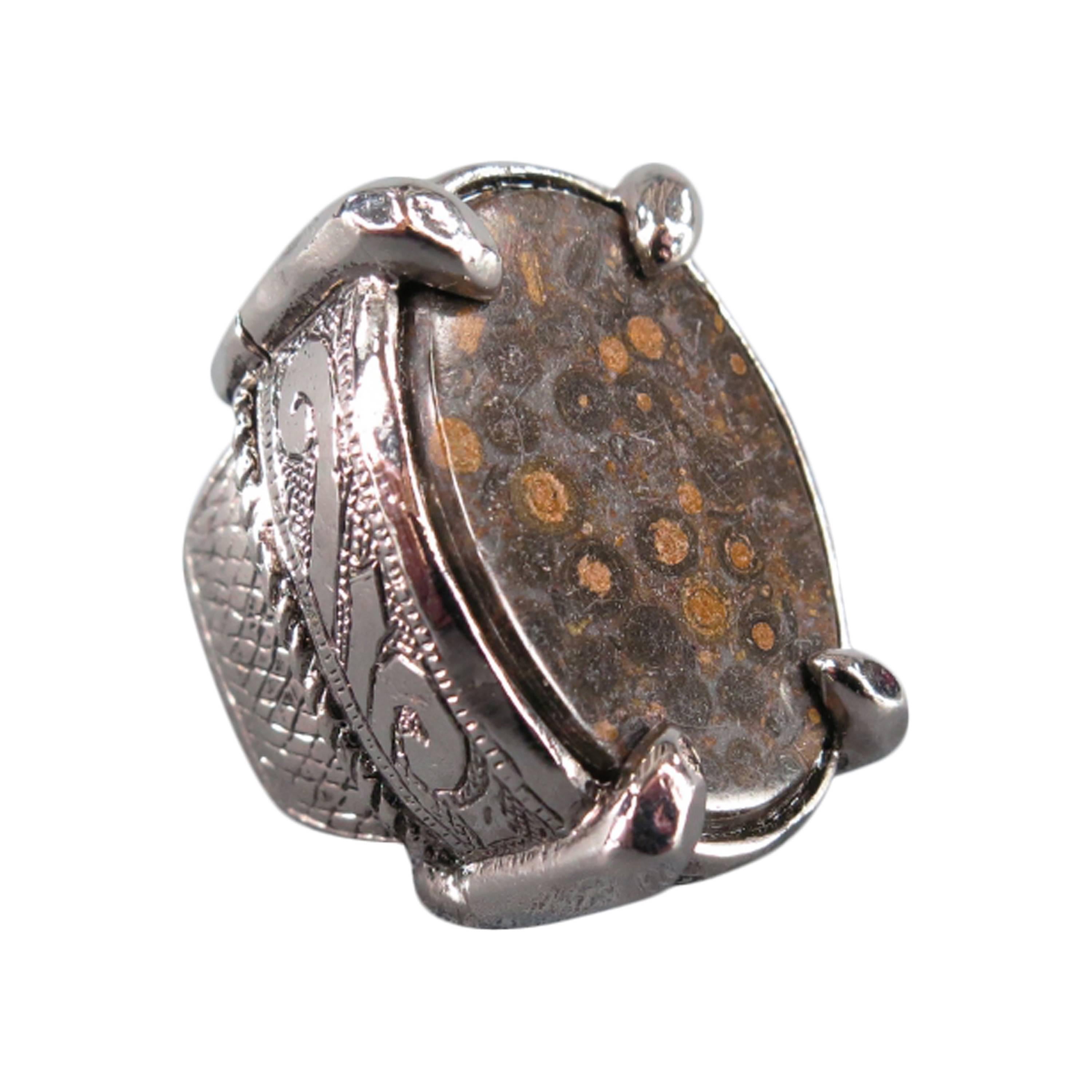 ROBERTO CAVALLI Brown Stone Silver Engraved Cocktail Ring
