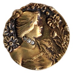 Art Nouveau Gold and Diamond Maiden Brooch