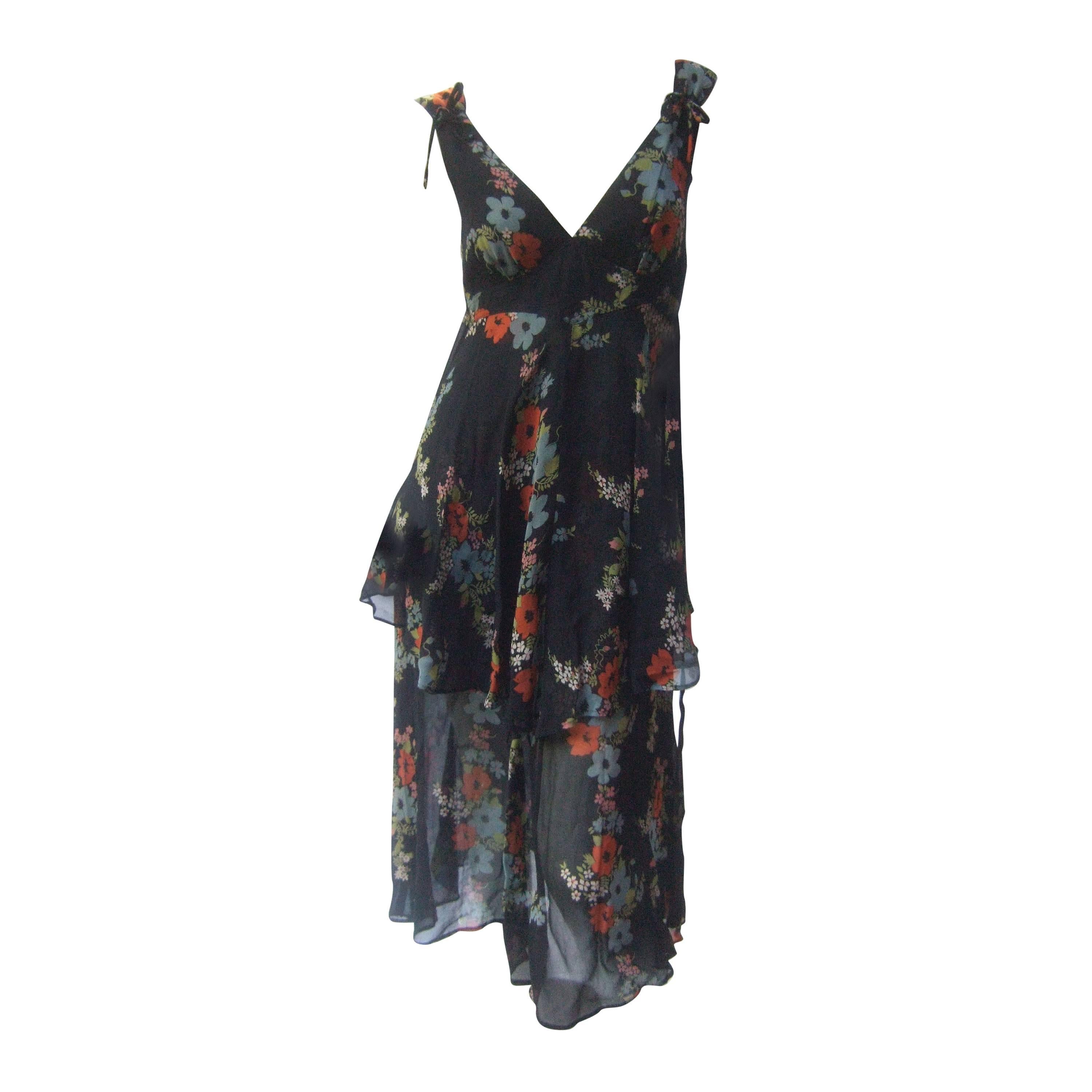 1970's Ossie Clark Romantic Floral Print Tiered Crepe Tea Dress