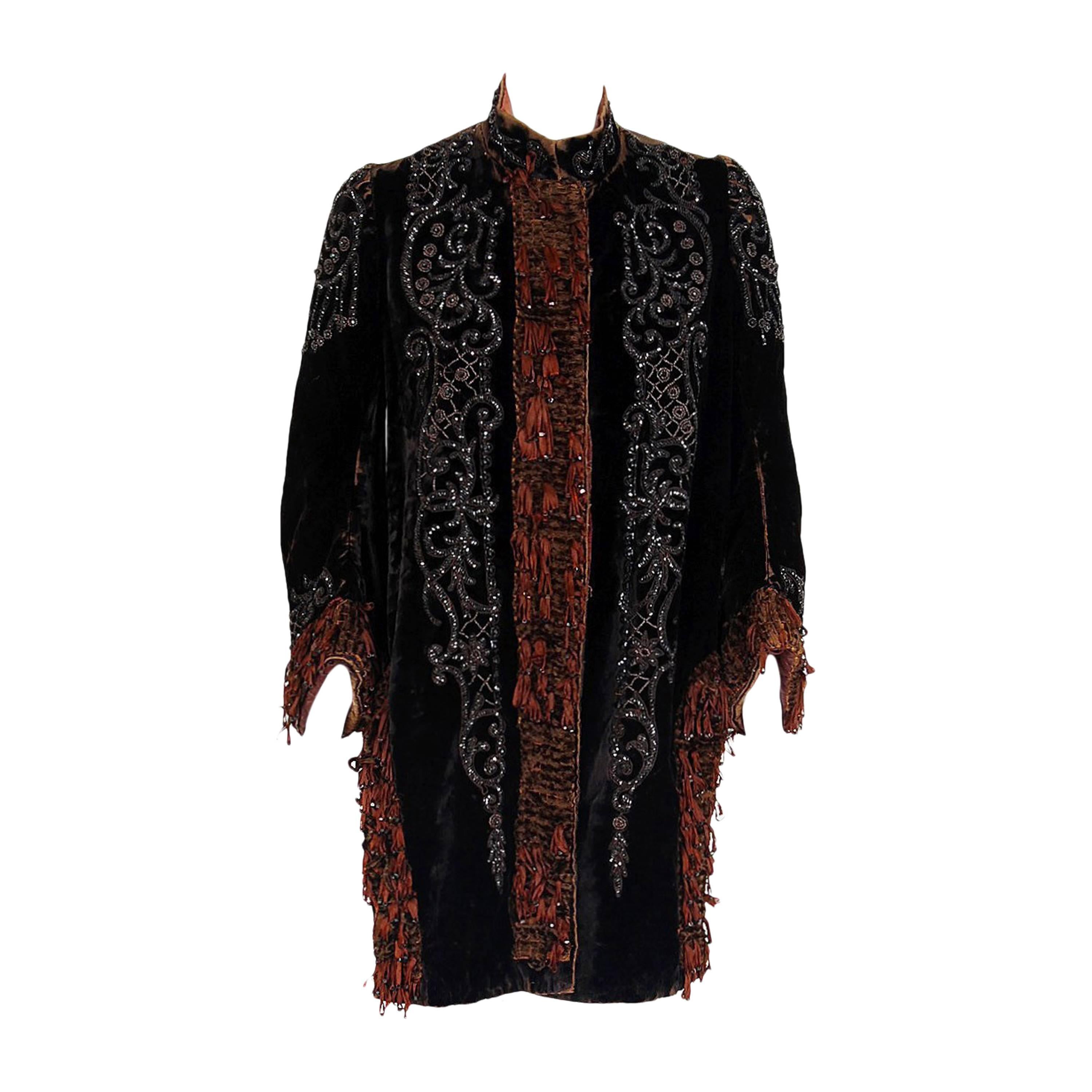 1880's Victorian Antique Couture Beaded Fringe Rust-Velvet Gothic Mantle Jacket