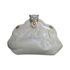Opulent Jeweled Panther Clasp Ivory Leather Evening Bag c 1980s