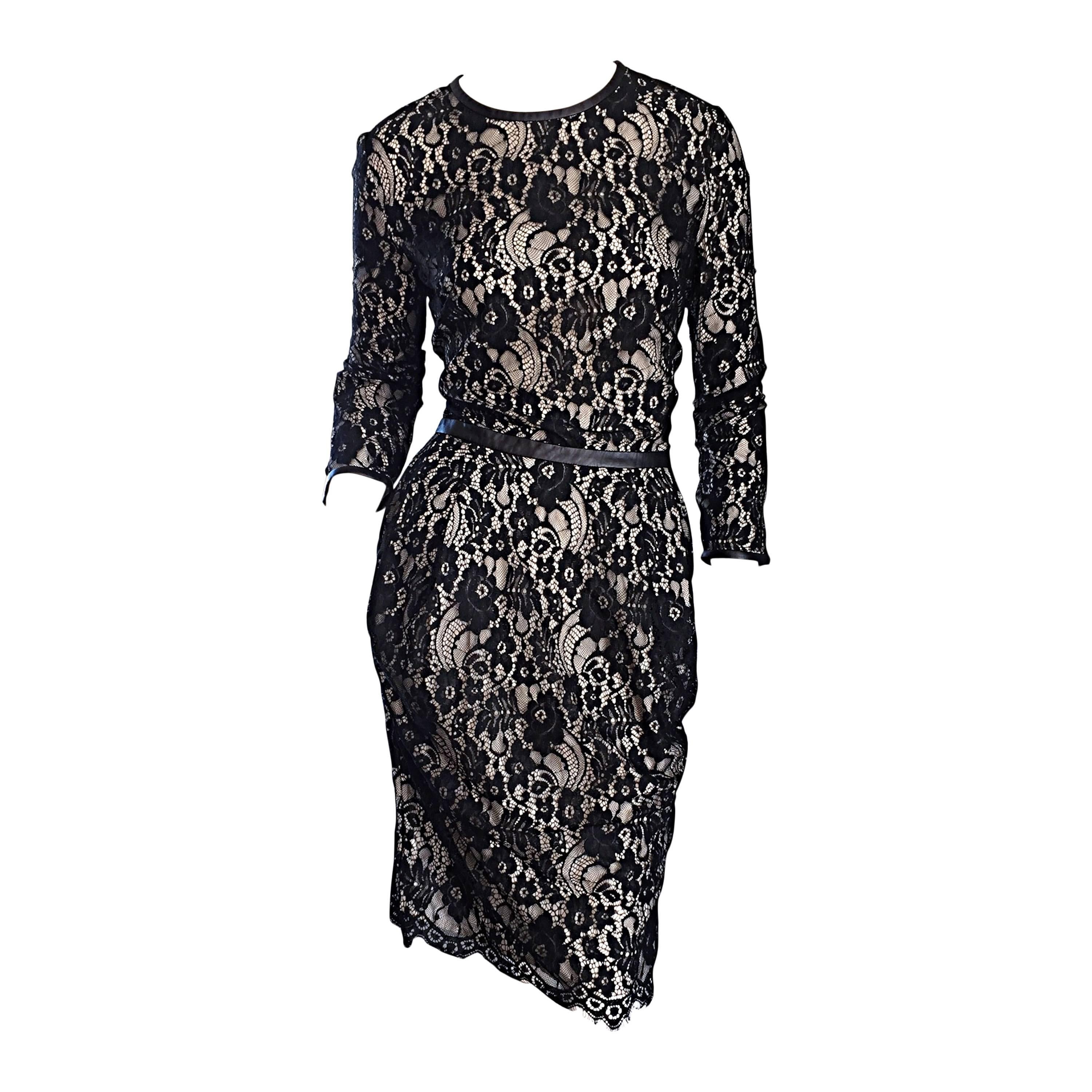 Narcisco Rodriguez Black + Nude French Lace Dress w/ Leather Accents 