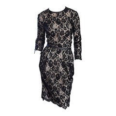 Narcisco Rodriguez Black + Nude French Lace Dress w/ Leather Accents