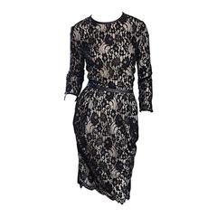 Narcisco Rodriguez Black + Nude French Lace Dress w/ Leather Accents