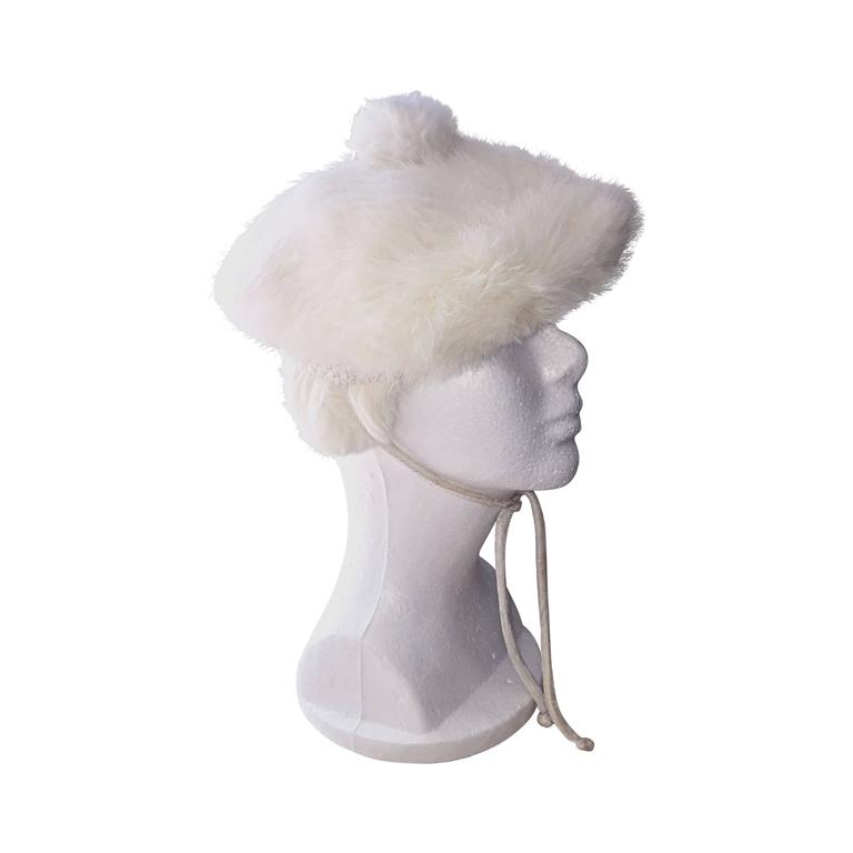 Chic 1960s 60s White Vintage Rabbit Fur Beret Hat w/ Pom Pom  display picture 1