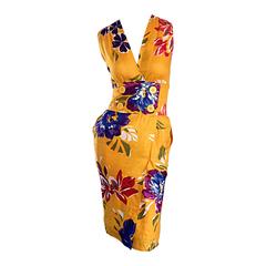 Chic Retro Albert Nipon Tropical Hawaiian Floral Line Wrap Dress 