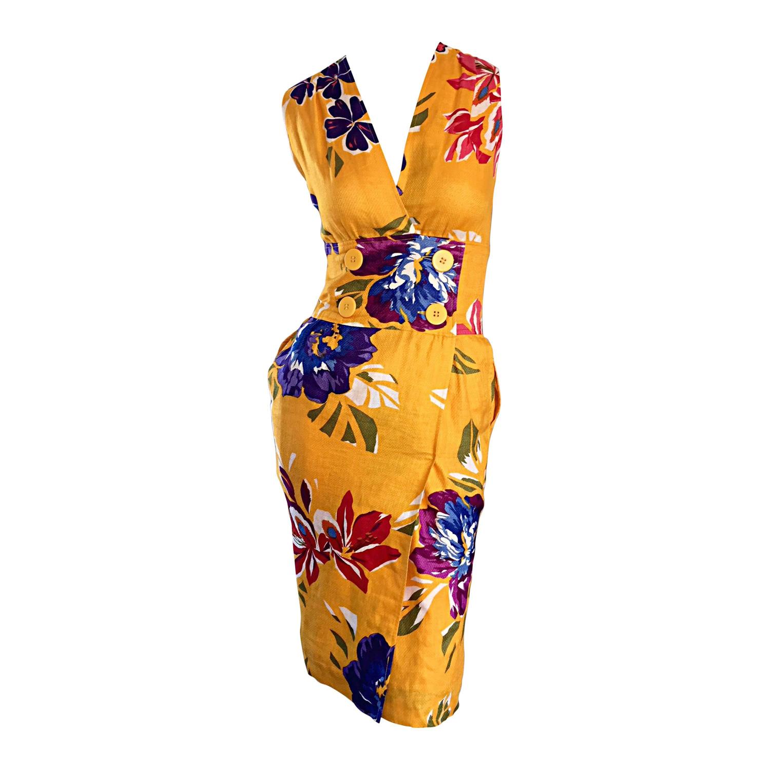 Chic Vintage Albert Nipon Tropical Hawaiian Floral Line Wrap Dress For ...