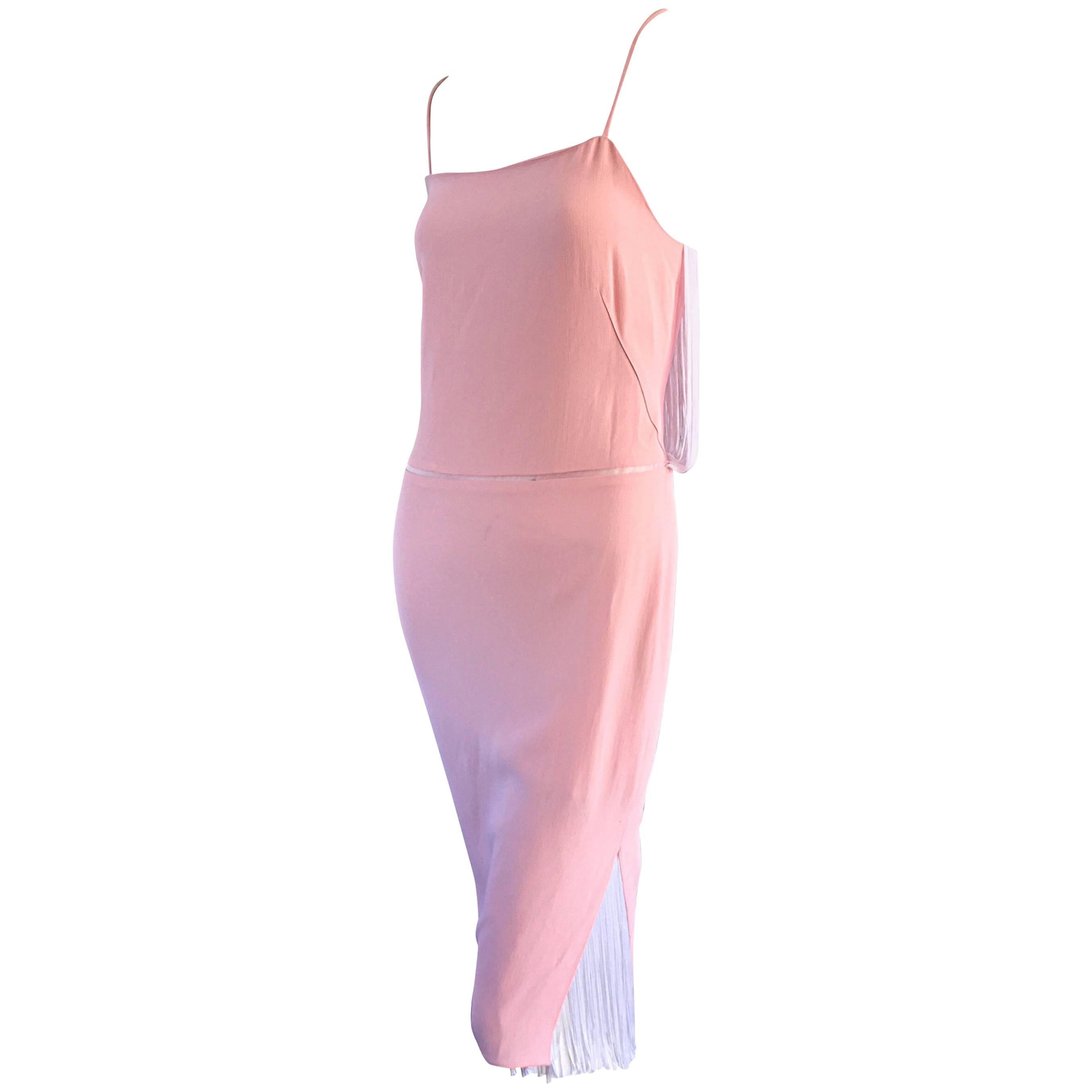 Adam Lippes Light Pink + White Dress w/ White Fringed Back & Slits For Sale