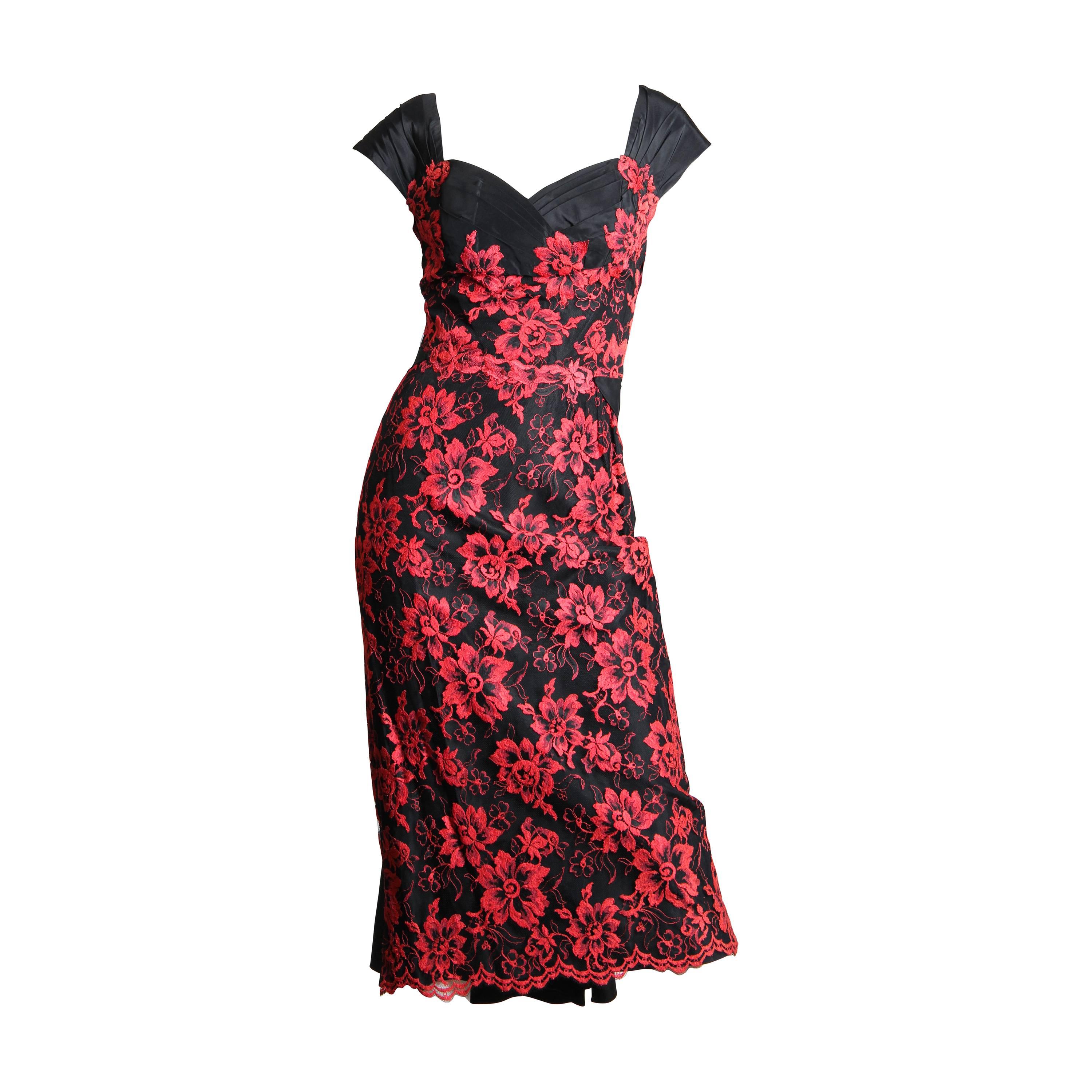 1950S PEGGY HUNT Black & Red Silk Taffeta Chantilly Lace Cocktail Dress For Sale