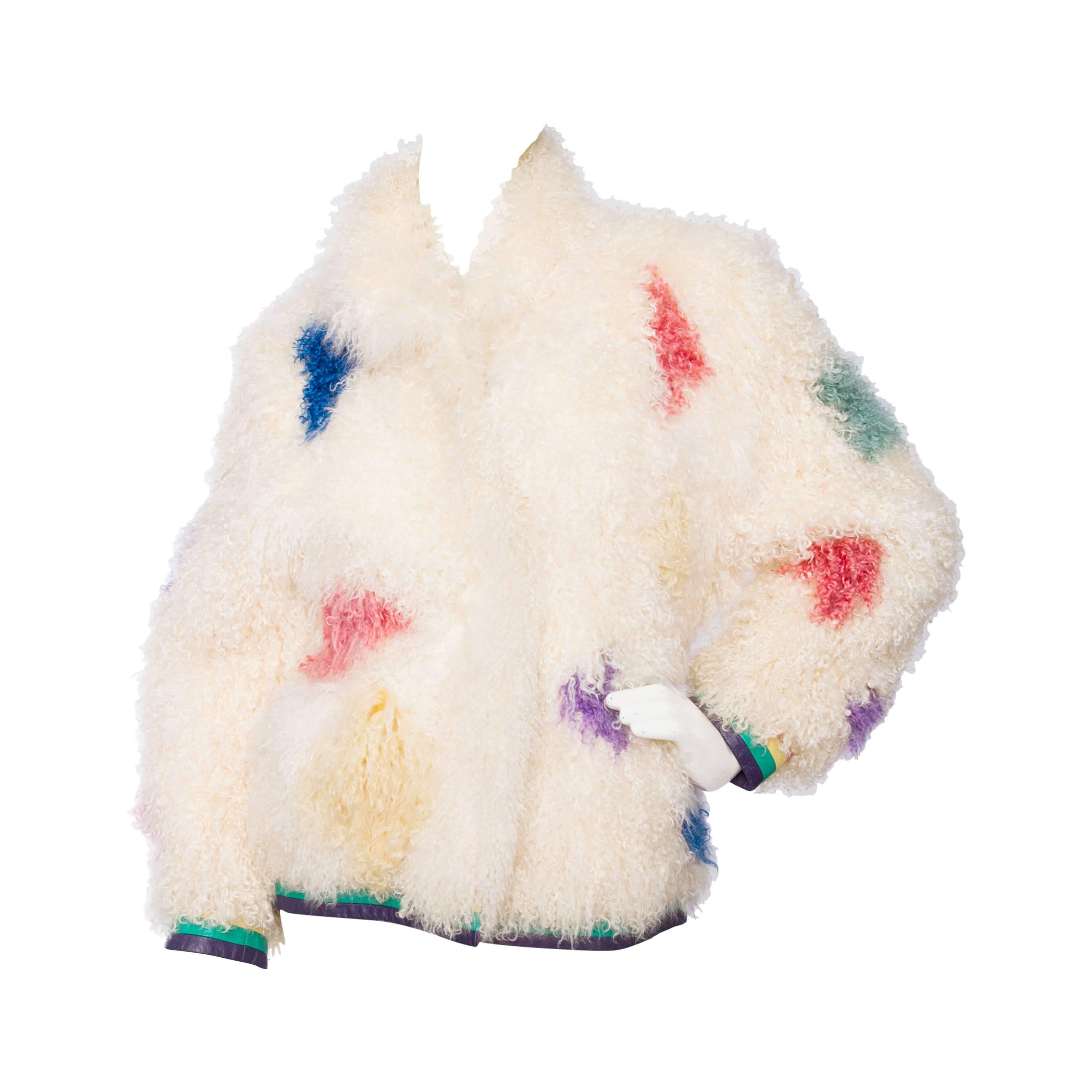 1980s White Mongolian Lamb Fur Coat W. Bright Color Splashes