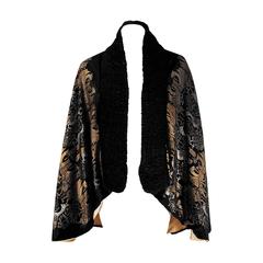 1920's Gallenga Couture Metallic Stenciled Novelty Black Ruched Velvet Cape