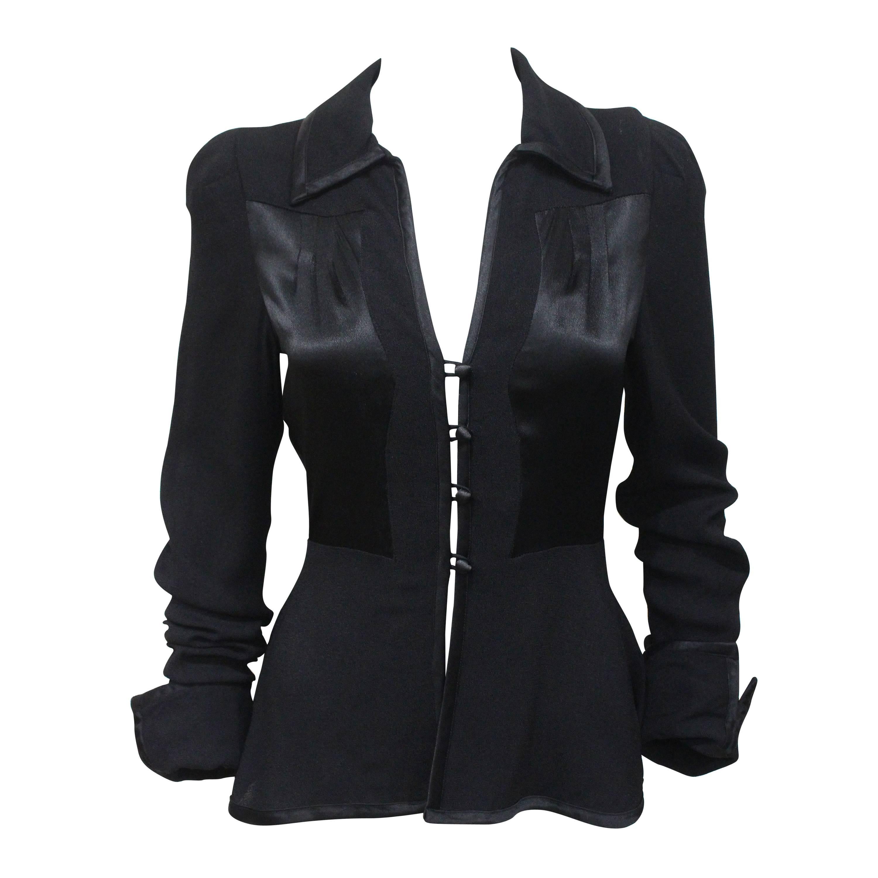 1970s Ossie Clark Black Peplum Satin Evening Blouse