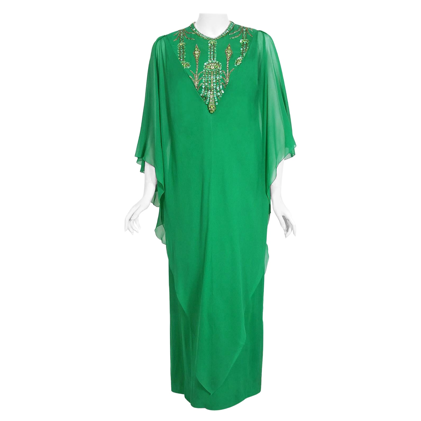 Vintage 1965 Pierre Cardin Haute Couture Beaded Green Silk Chiffon Caftan Gown For Sale