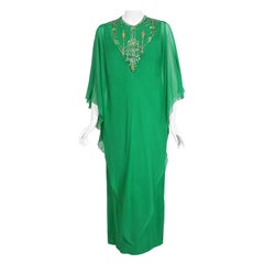 1965 Pierre Cardin Haute Couture Beaded Green Silk Chiffon Draped Caftan Gown