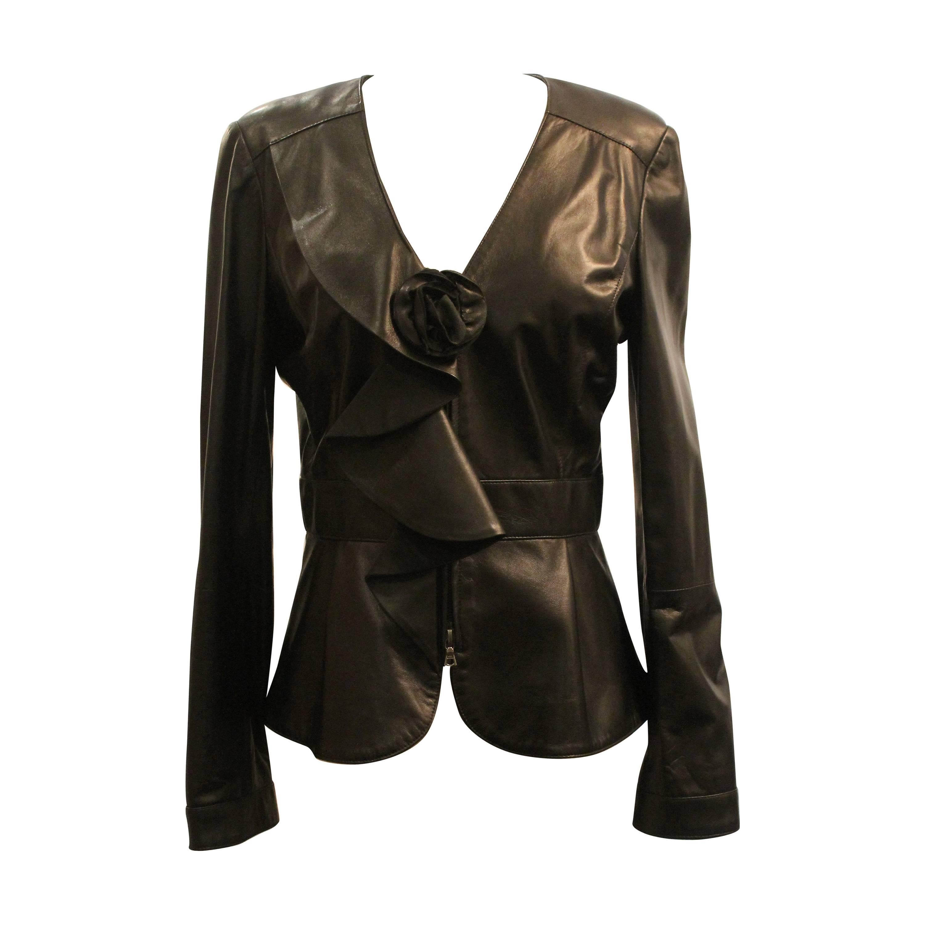 Oscar De La Renta Black Leather Jacket w/ Ruffle and Flower Detail - 10 For Sale