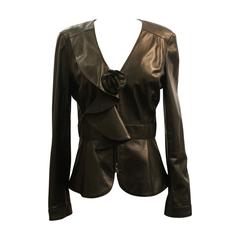 Oscar De La Renta Black Leather Jacket w/ Ruffle and Flower Detail - 10 12
