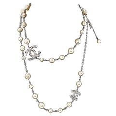 Chanel Pearl Long Necklace with Crystal CC