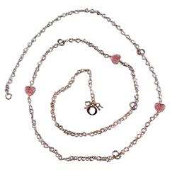 DIOR Silver Chain Pink & Red Crystal Heart Charm Necklace