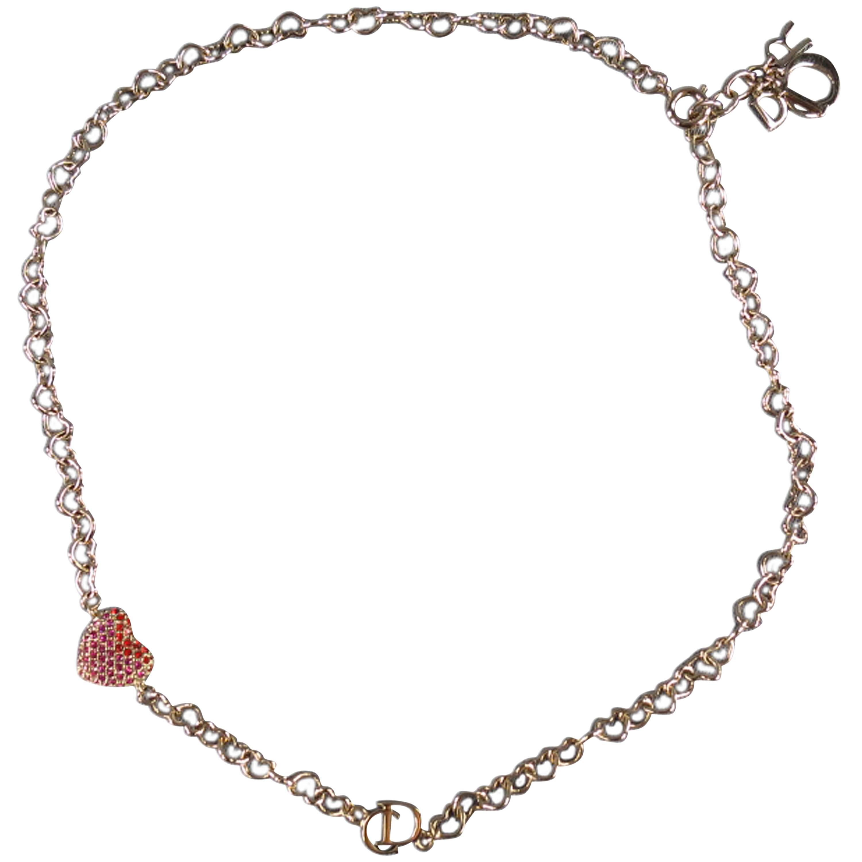 DIOR Silver Chain Pink & Red Crystal Heart Charm Bracelet