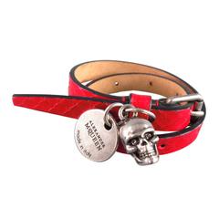 ALEXANDER MCQUEEN Red Snake Leather Silver Crystal Eye Skull Tag Wrap Bracelet