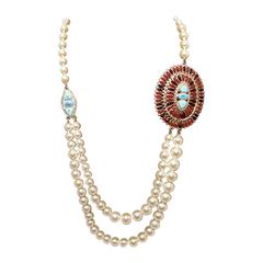 Chanel Pearl Necklace With Turquoise and Burgundy Stones