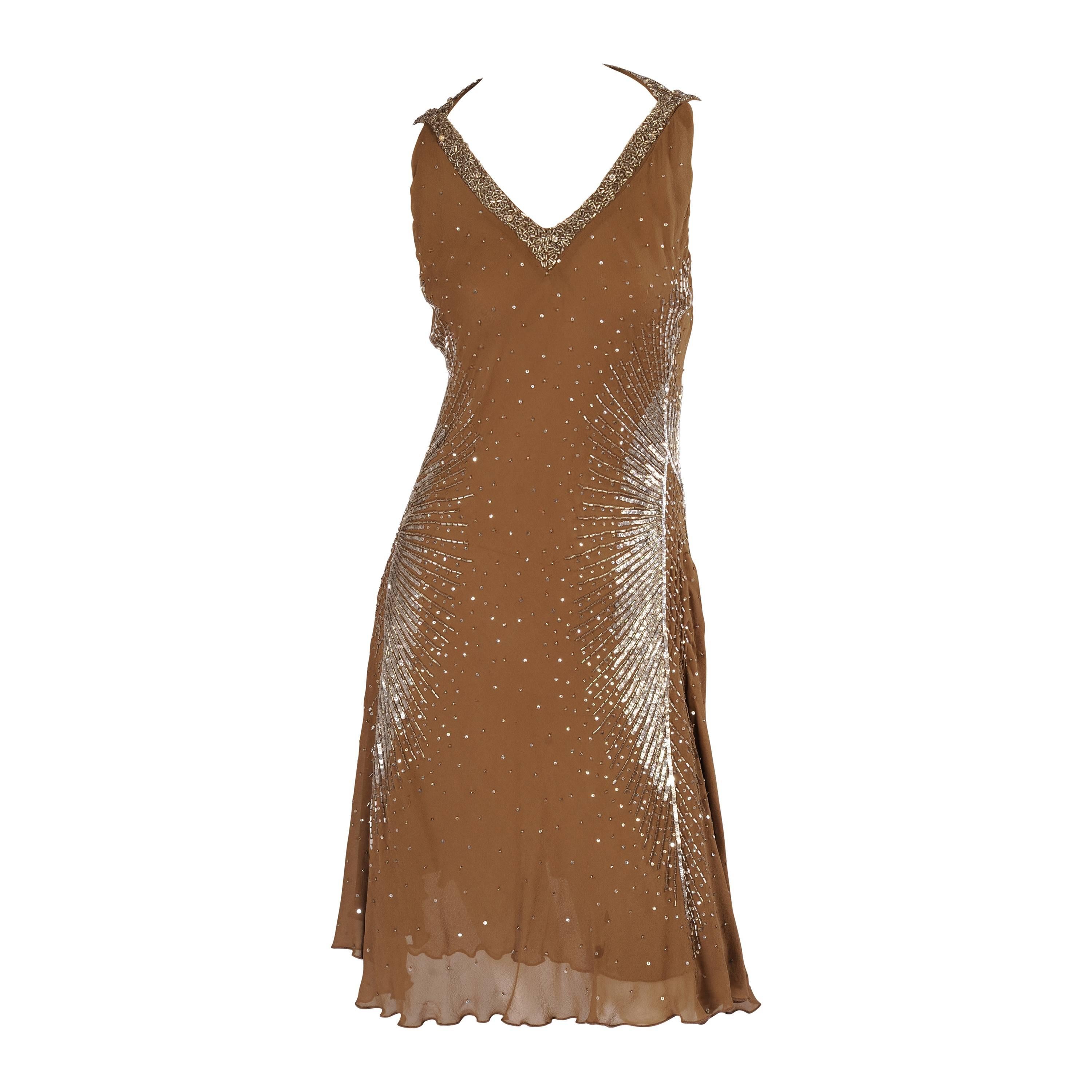 Cavalli Sexy Hand Beaded Mocha Colored Silk Halter Dress