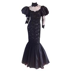 Amazing 1980s Alfred Bosand Couture Black Silk Lace Beaded Mermaid Dress / Gown 