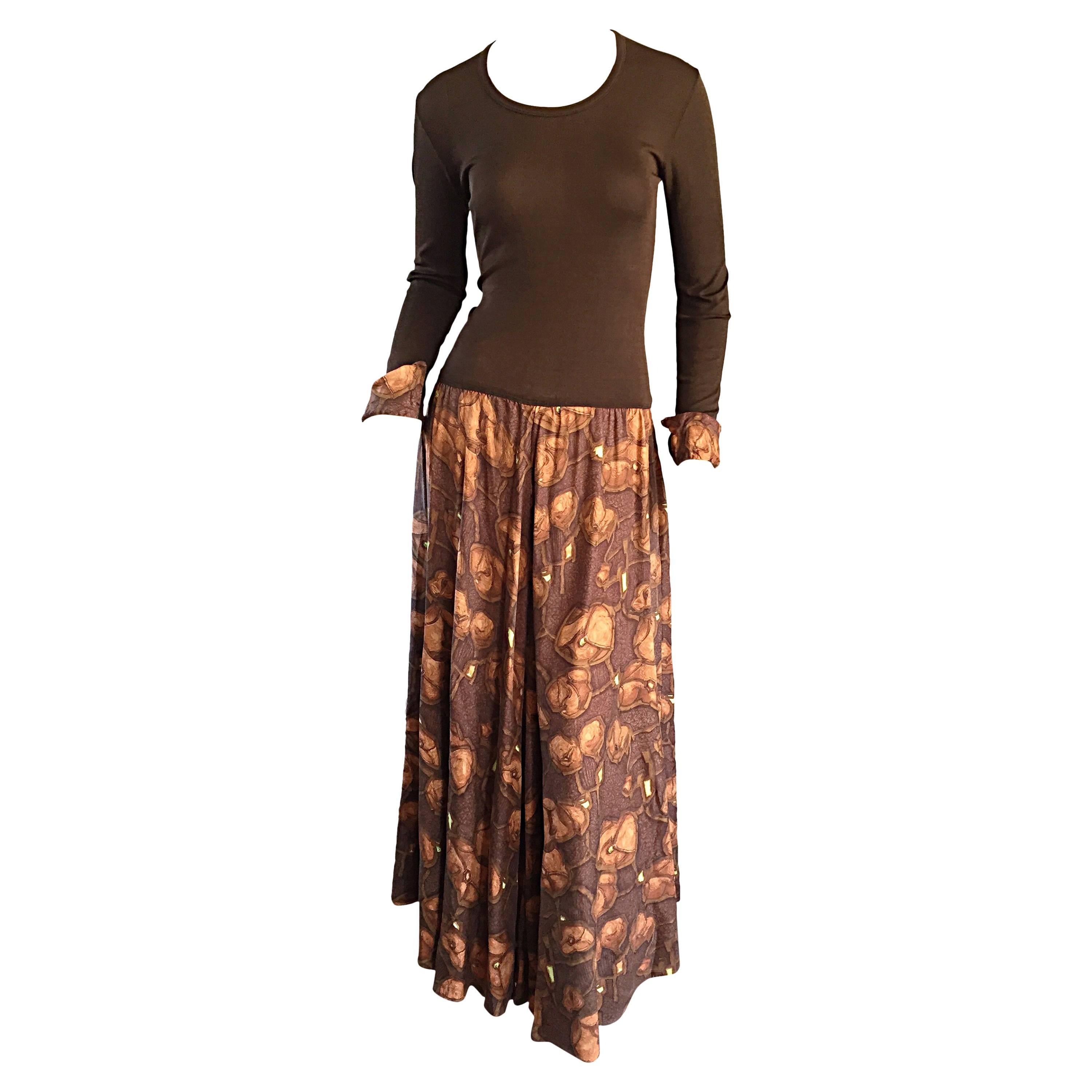 Vera Maxwell 1970s Brown Printed ' Poppy ' Vintage 70s Jersey Maxi Dress