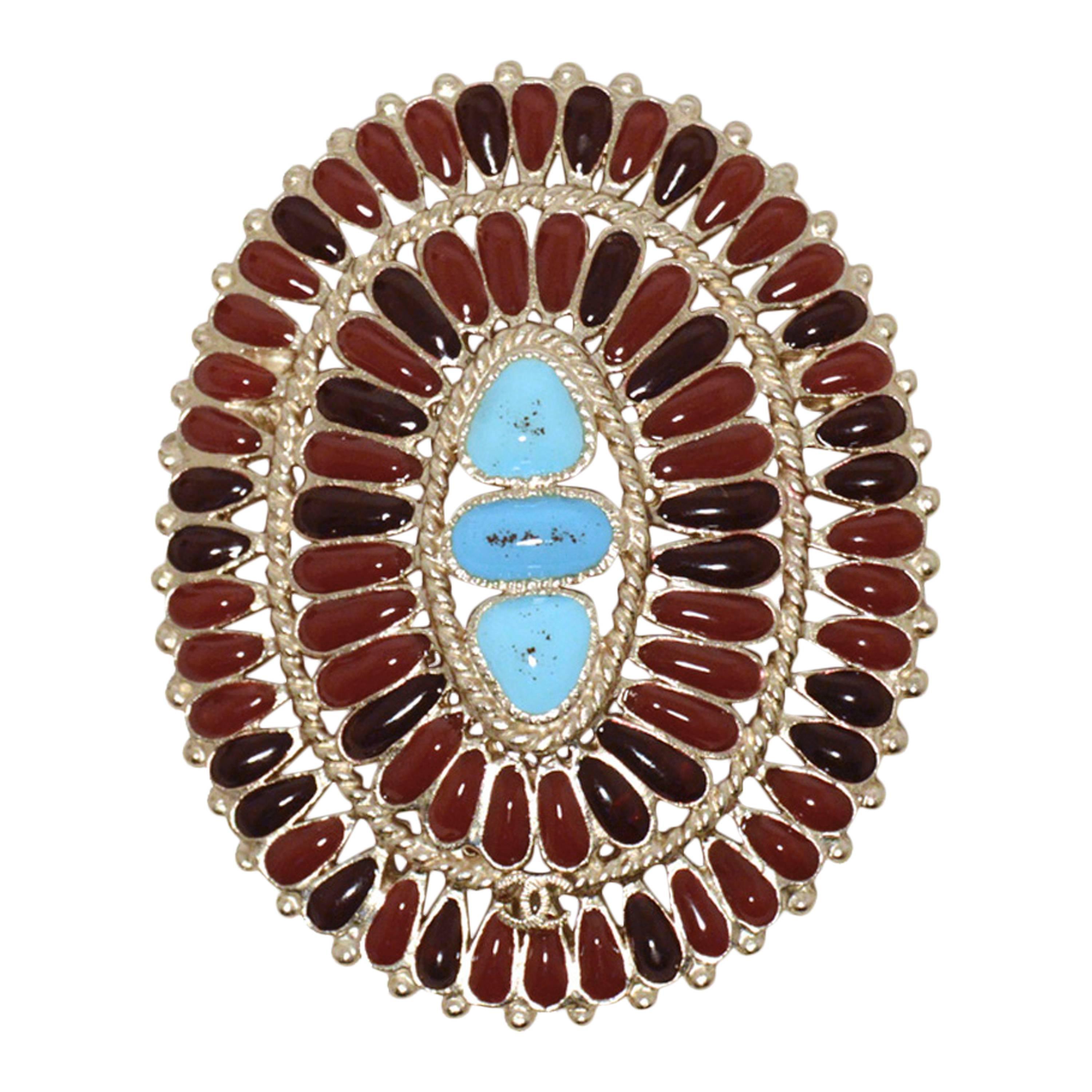Chanel Turquoise and Burgundy Semi Precious Stone Silver Brooch