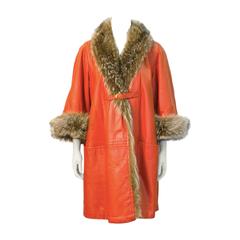 Vintage 1960's Bonnie Cashin Orange Leather Coat with Fur Collar and Cuffs