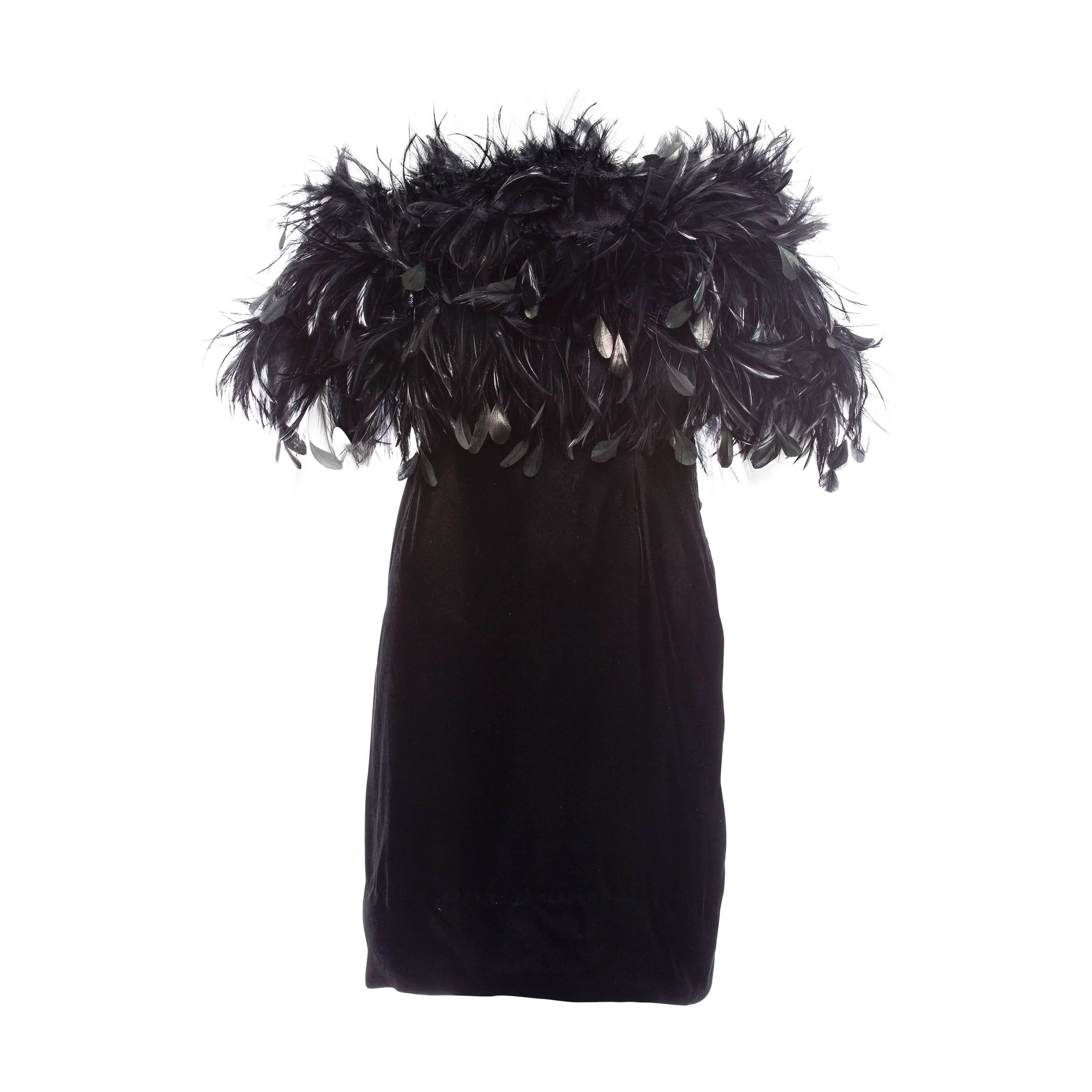 Givenchy Haute Couture Velvet Dress With Maison Lemarié Feathers, Circa 1980's