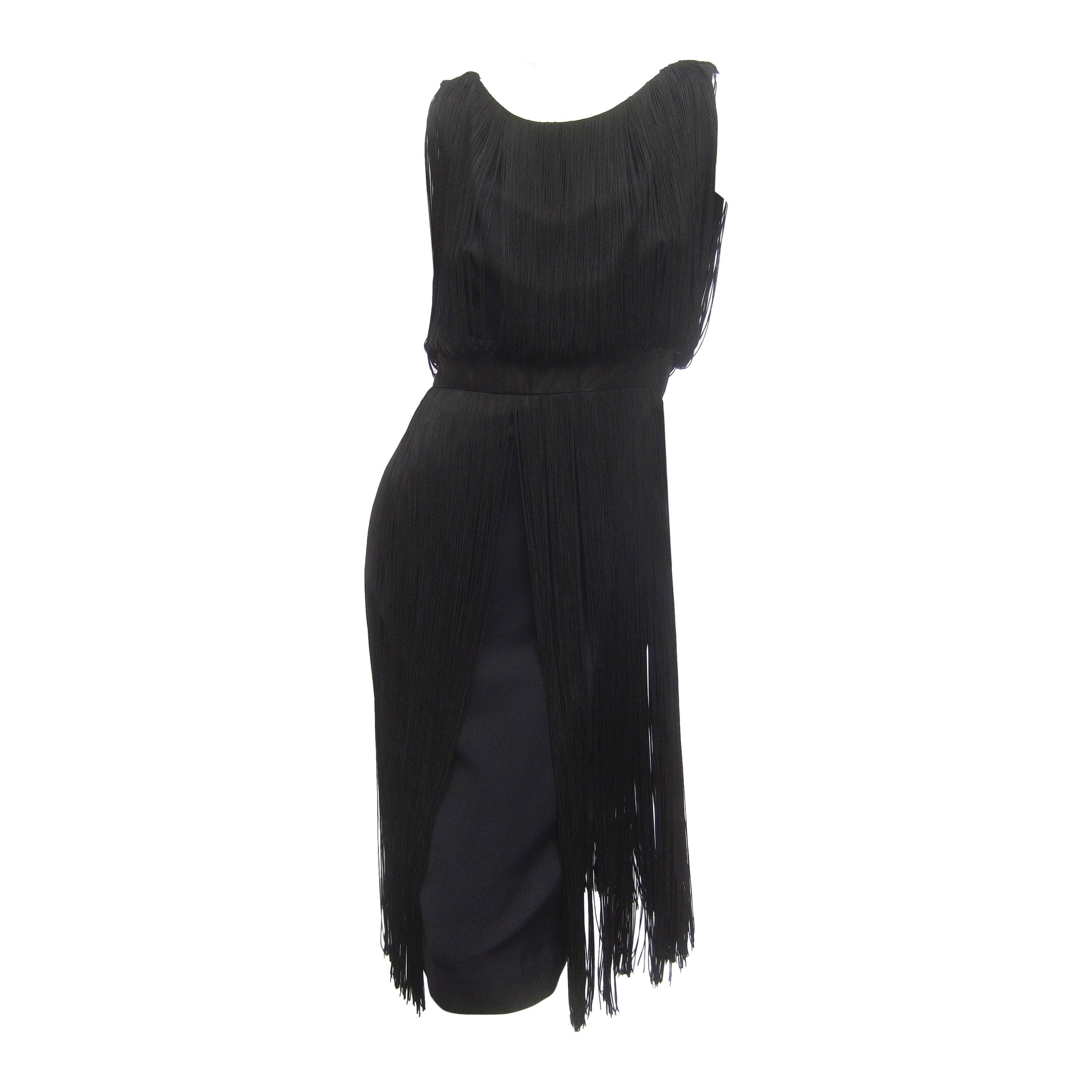 1960s Black Fringe Tassel Cocktail Dress For Sale