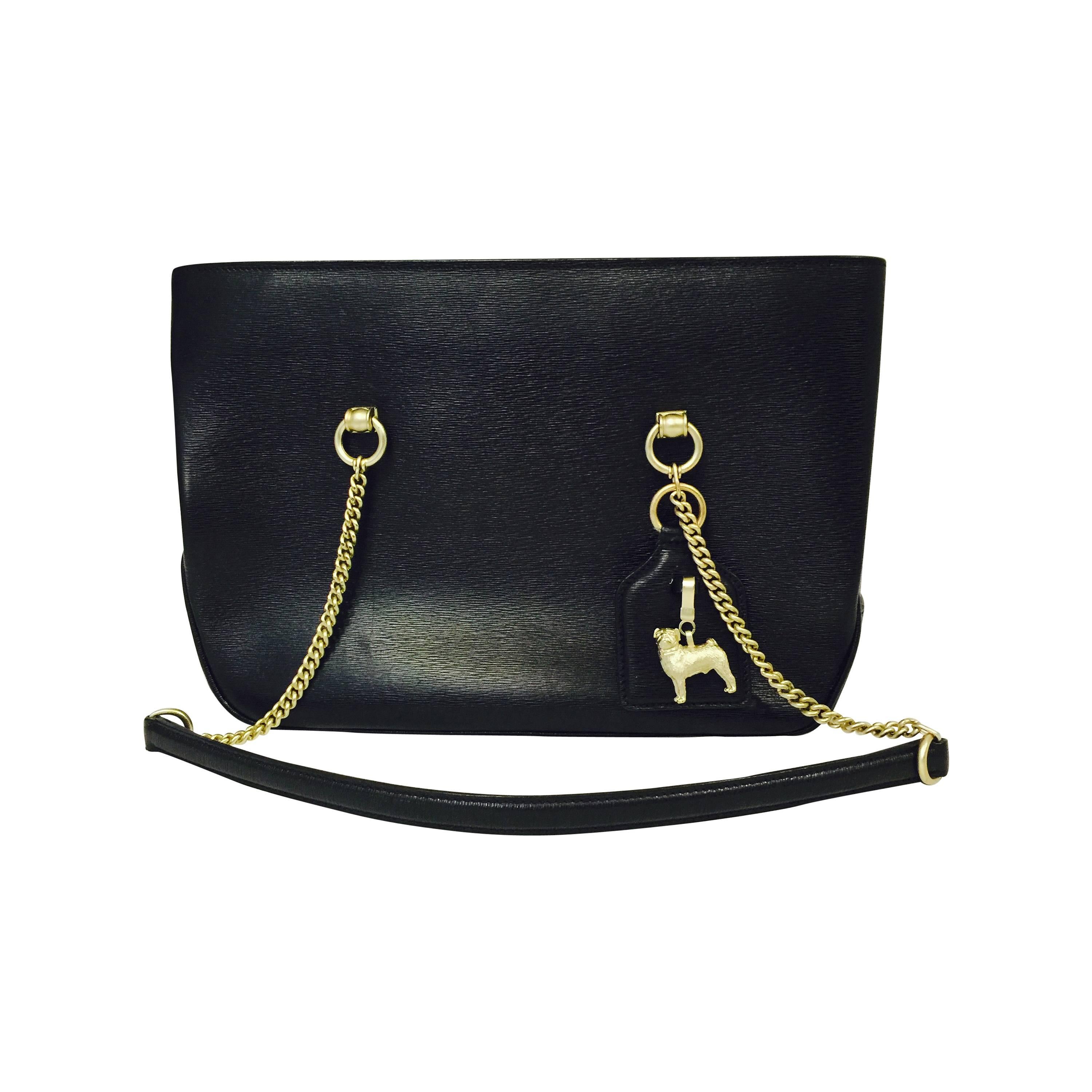 1990s Barry Kieselstein Cord Textured Leather Shoulder Bag With Pug Charm For Sale