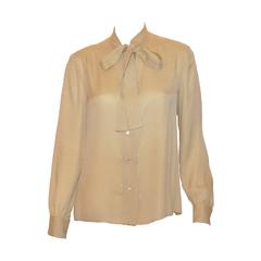 Chanel Creations 1970s Cream CC Logo Print Silk Tie Neck Blouse