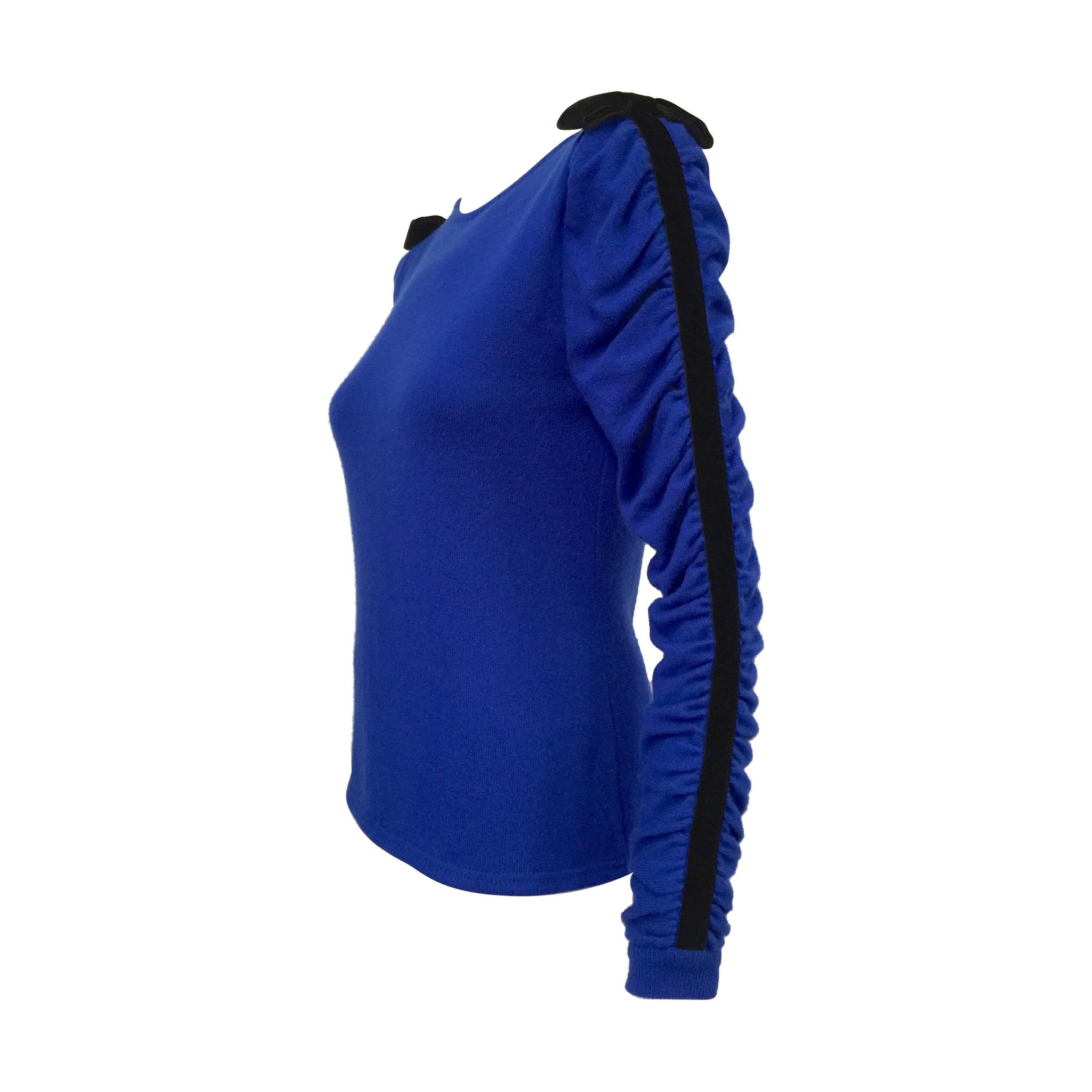 Valentino Boutique Royal Blue Pullover with Ruched Sleeves and Velvet Trim For Sale