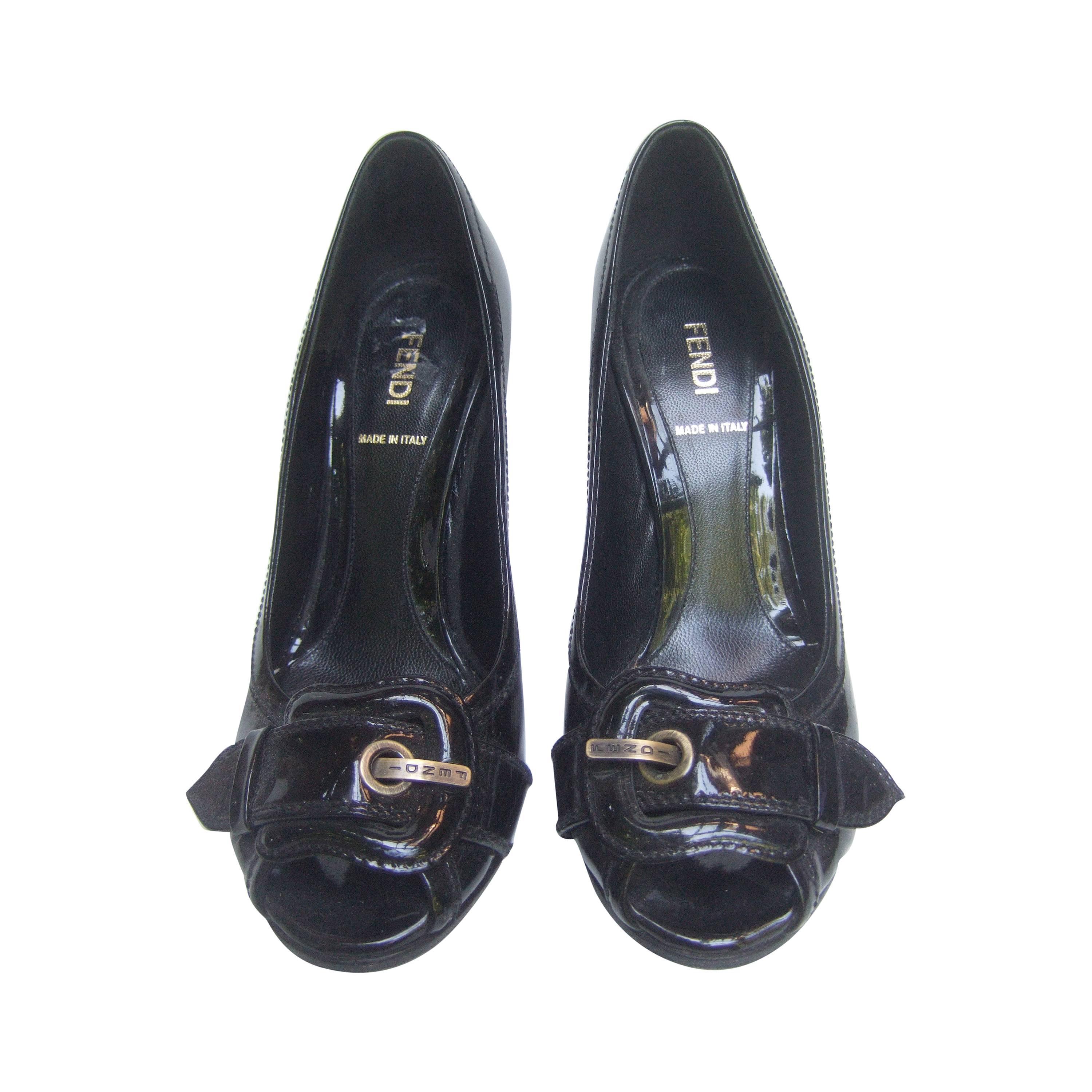 Fendi Italy Black Patent Leather Buckle Pumps 37.5 For Sale