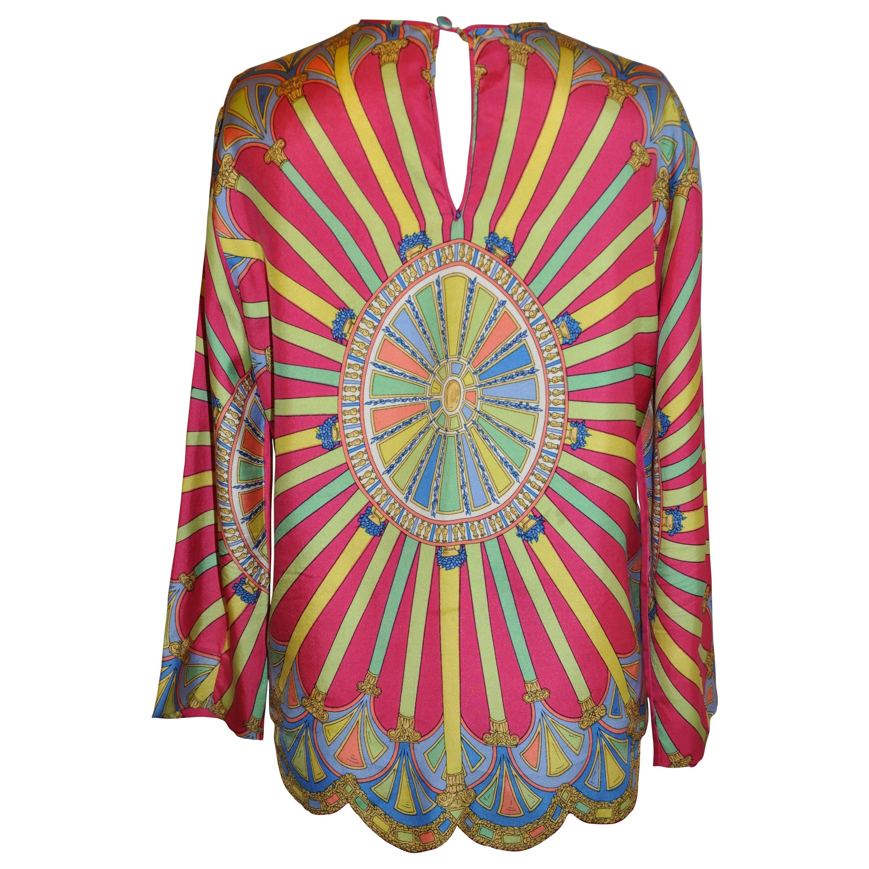Multi-Color with Scallop Hemline Silk Pullover Top For Sale