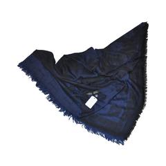 Chanel Huge Limited Edition Navy Silk & Wool Challis with Fringe Scarf