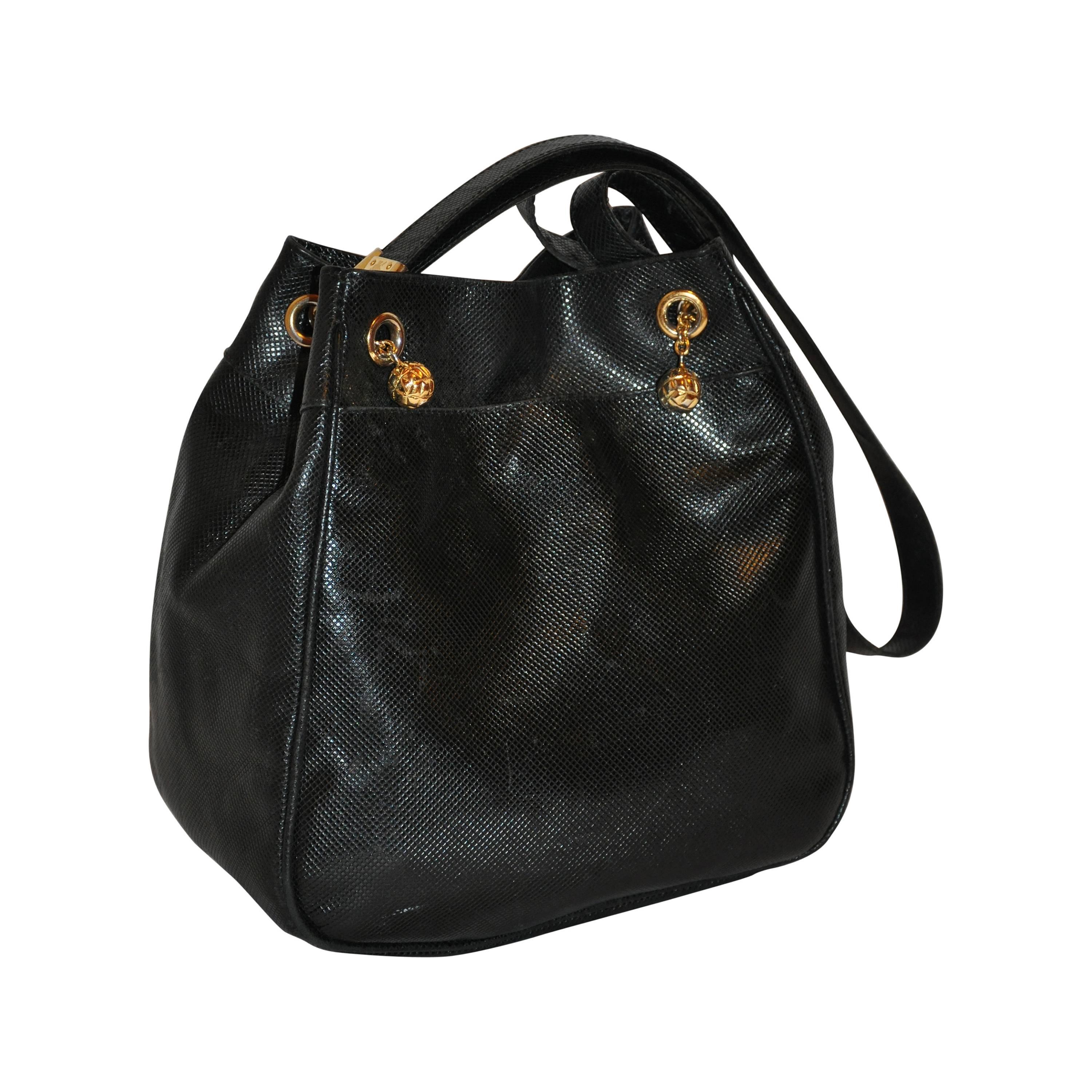 Bottega Veneta Textured Black Calfskin with Gold Hardware Shoulder Bag